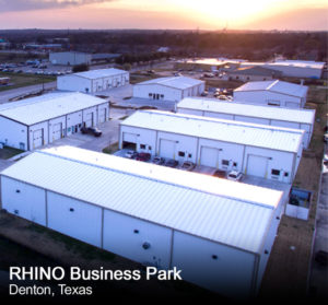 Arial photo of steel industrial buildings in the RHINO Business Park.