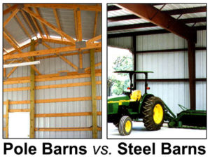 Photos comparing the interior of a wood pole barn to a steel framed barn.