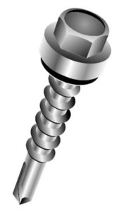 Drawing of a metal building screw with washer.