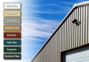 Photo of a metal building with the exterior panel color choices.