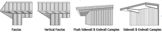 Illustrations of the various fascias and canopies available as options from RHINO.